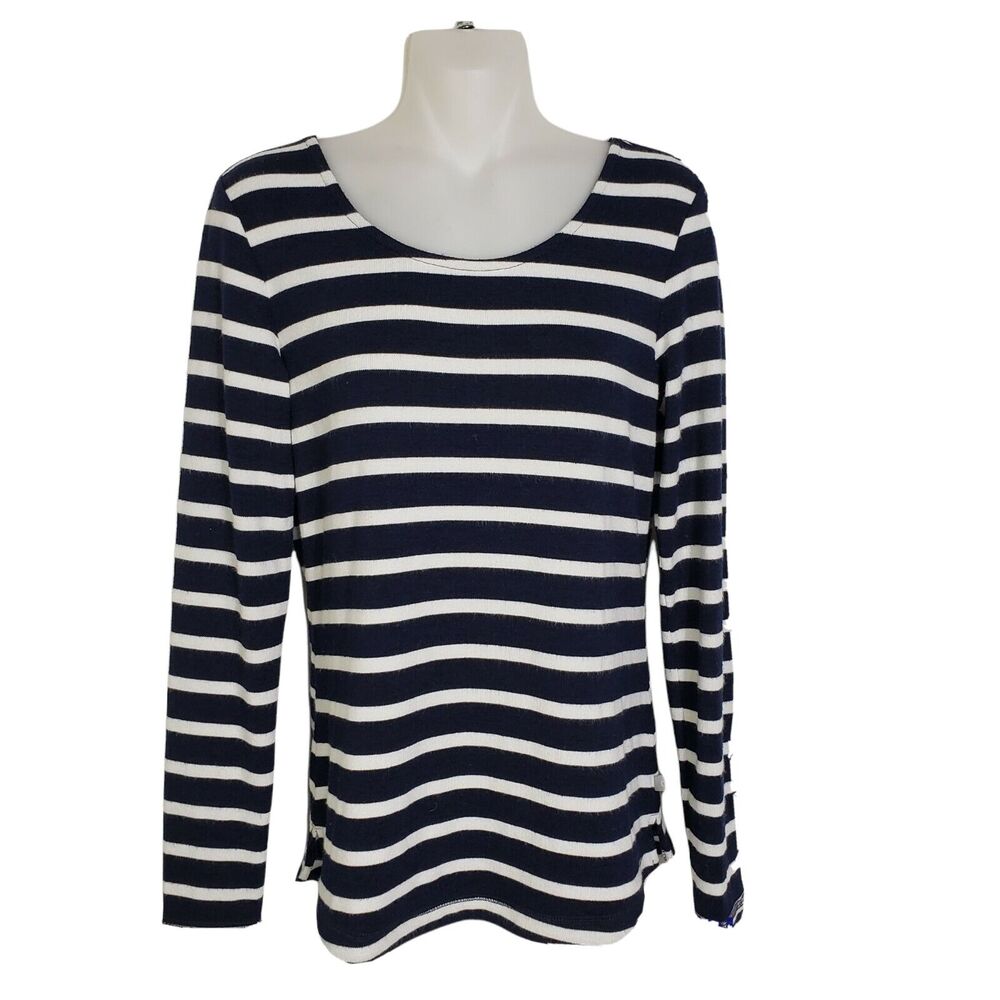 T By Talbots Womens Top Tee Size XS Striped Navy Blue White Cutout Long Sleeve